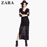 zara2016新款女装黑色蕾丝V领修身显瘦中袖欧美长裙连衣裙代购夏