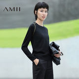 Amii[极简主义]2016秋新款修身显瘦圆领撞色针织毛衣女薄11682377