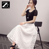 2016夏装韩版修身短袖连衣裙女装蕾丝长裙两件套T恤半身裙套装裙
