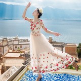 泰国潮牌超仙女神蕾丝重工名媛刺绣花连衣裙海边度假沙滩长裙礼服