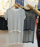 韩国代购2016夏季新款时尚前短后长条纹圆领套头针织衫短袖上衣女