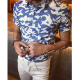 夏季薄款透气修身休闲蓝色迷彩夏威夷沙滩风情绣花短袖男士衬衫