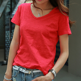 夏季新款韩版大红色宽松休闲 竹节棉V领短袖T恤女装体恤上衣 圆领