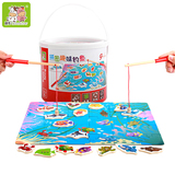 批发儿童宝宝益智趣味亲子玩具 拼图双鱼杆木制磁性海洋钓鱼