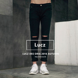 新品 Lucz2016夏季薄款黑色英伦破洞拉毛街头男直筒修身牛仔裤潮
