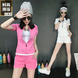 2016韩版女夏休闲套装女短袖开衫卫衣三道杠女短裤修身运动服套装