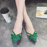 单鞋女韩版蝴蝶结性感蕾丝网布尖头浅口侧空细跟中跟单鞋气质女鞋