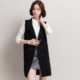 2016韩国新款无袖针织西装马甲外套女中长款显瘦纯色大码背心开衫