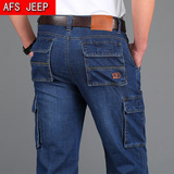 春夏季AFS/JEEP牛仔裤男士直筒宽松多口袋工装薄款休闲中腰长裤子
