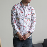 2016春季新款 男士休闲衬衫 自制日系风修身款印花牛津纺长袖衬衫