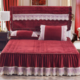 欧式水晶绒夹棉床裙加厚纯色公主蕾丝花边床罩1.51.82.0米床盖套