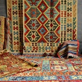 北欧现代几何宜家硬羊毛薄款手工地垫地毯 民族玄关客厅卧室地毯
