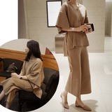 2016春季韩版女装配腰带 复古宽松V领针织衫+阔腿裤针织套装A048