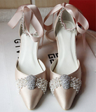 特价绿色结婚鞋子腕带金色珍珠中跟新娘鞋定制银色粗跟尖头伴娘鞋