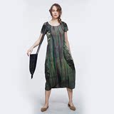 绣绣天原创设计绿色扎染迷彩拼接针织修身长款连衣裙TG6B809