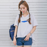 韩国女装纯棉学生宽松短袖T恤女开叉前短后长韩版半袖上衣夏季潮