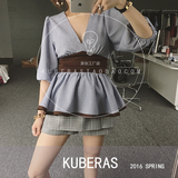 KUBERAS独家定制新款韩版短款收腰裙摆撞色泡泡袖小上衣衬衫女