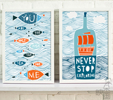 海洋小鱼漂流瓶双联现代有框画装饰画挂画壁画墙画|餐厅客厅贝占