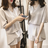 韩国SZ代购2016夏女装小香风宽松插肩袖上衣显瘦短裤两件时尚套装