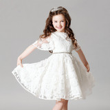 春夏女童白色连衣裙花童礼服公主裙中大儿童蕾丝婚纱钢琴演出服装