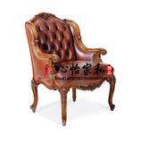 欧式现代高端单人沙发美式实木雕花休闲椅子新古典皮艺拉扣老虎椅
