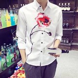 红玫瑰3D印花长袖衬衫男潮流春秋季修身韩版青少年半袖白衬衣碎花