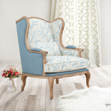 法式橡木实木沙发椅亚麻布艺单人沙发椅美式老虎椅绣花布艺休闲椅