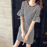 【天天特价】韩版新款女装气质显瘦高腰黑白条纹弹力短袖连衣裙