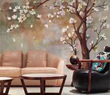 定制手绘玉兰树油画3D立体电视沙发背景墙壁纸卧室墙纸 无缝壁画