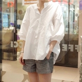 韩国女装2016春夏装新款淑女文艺娃娃款七分泡泡袖圆领纯色棉衬衫