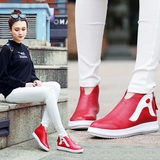 品牌真皮单鞋春季女式平底高帮鞋大红色休闲板鞋运动鞋平跟旅游鞋