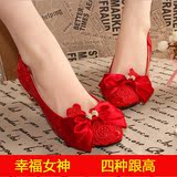 中式婚鞋红色中跟新娘鞋平底蝴蝶结孕妇单鞋白色结婚圆头高跟鞋秋