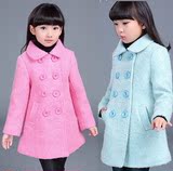 001女童秋冬2015可比巴拉巴拉双排扣儿童羊毛呢子大衣中长款外套