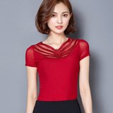 夏季韩版女装蕾丝拼接大码网纱烫钻打底衫T恤
