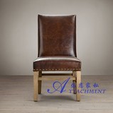 外贸出口单人沙发美式乡村沙发椅法式皮艺休闲麻布餐椅橡木接待椅