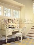 美式乡村实木书桌定制欧式桦木白色写字台家用电脑桌美式做旧家具