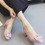 OSSO 韩版优雅风漆皮浅口方头金属方扣高跟粗跟OL气质名媛单鞋女