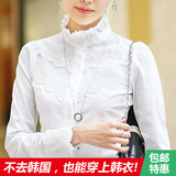 韩版立领衬衫女长袖秋季花边蕾丝纯棉衬衣女士显瘦白色衬衣打底衫