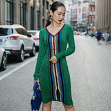2016新款复古条纹拼色针织V领连衣裙韩版中长款修身薄款长袖长裙