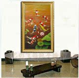 手绘油画九条鲤鱼图客厅玄关竖版现代装饰画有无框挂壁画年年有余