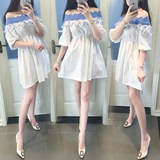 韩国代购2016夏季女装新款韩版宽松大码中袖甜美露肩一字领连衣裙