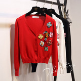 2016秋装新款韩版v领花朵钉珠针织衫开衫短款长袖羊绒衫上衣女士