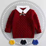 男童毛衣领结长袖外套秋装2016宝宝韩版套头上衣小童假两件针织衫
