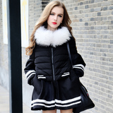 2015新款冬装韩版黑色羽绒衣中长款大毛领时尚裙摆羽绒服