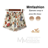 MMFS外贸原单女装欧美风波西米亚度假风松紧腰印花短裤沙滩裤夏季