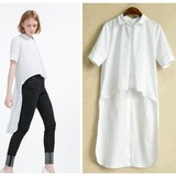 欧洲站新款夏季短袖白色宽松衬衫女前短后长中长款上衣飘逸衬衫裙