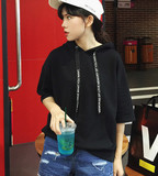 夏款韩版短袖卫衣chic学院风英文字母印花系带短袖休闲卫衣帽衫女