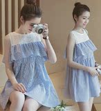 2016韩版孕妇装夏装甜美露肩短袖上衣竖条纹中长款娃娃装连衣裙