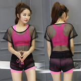 韩国版网纱瑜伽服套装三件套夏季显瘦背心短裤健身房跑步健身服女