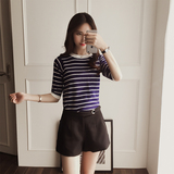 2016夏季新款韩版修身条纹短袖针织衫女装镂空圆领显瘦半袖上衣潮